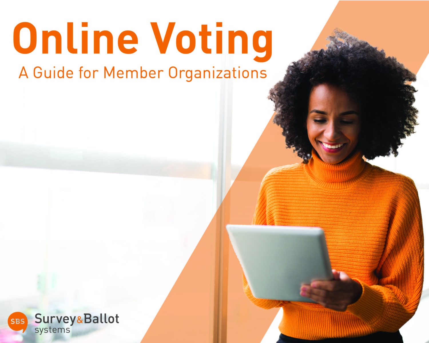 a woman in an orange sweater is smiling while holding a tablet with the words online voting a guide for member organizations above her