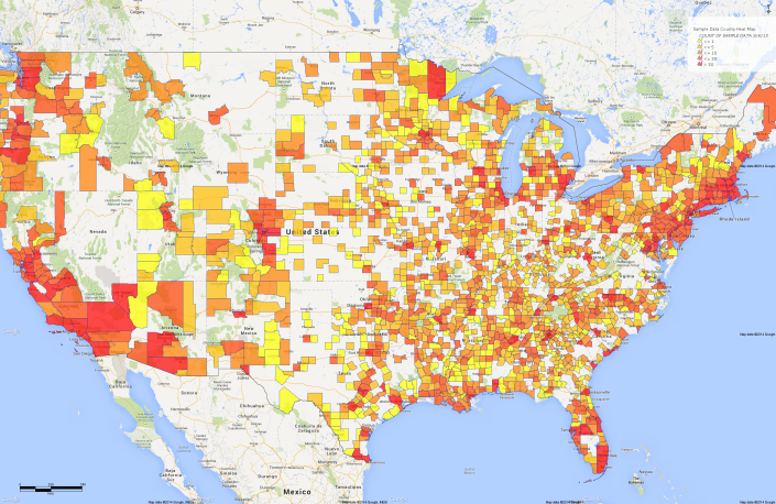 red, yellow and orange geo-spatial map of the USA