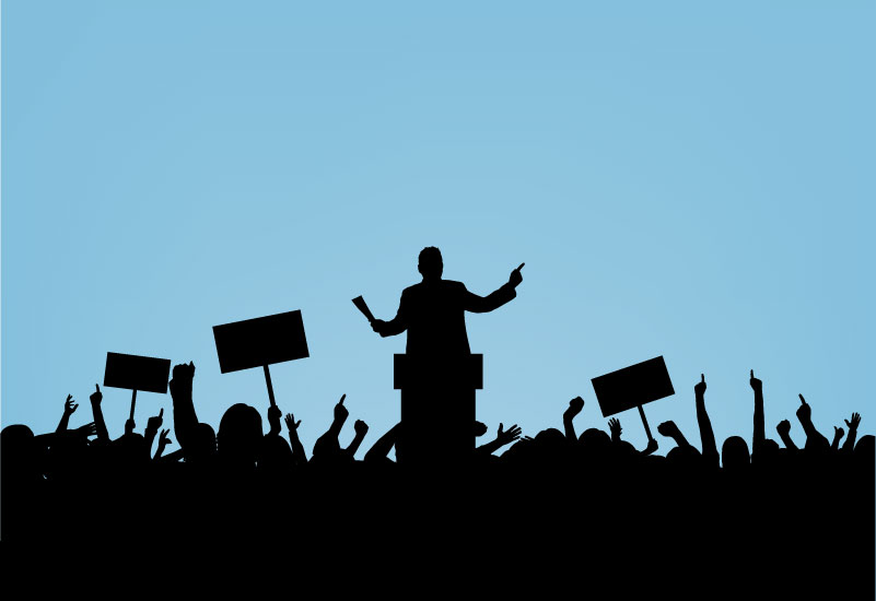 siloutte of a man campaigning in front of crowd, black and blue graphic