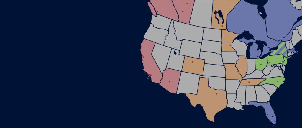 Map of different colors and dots represent SBS franchises page