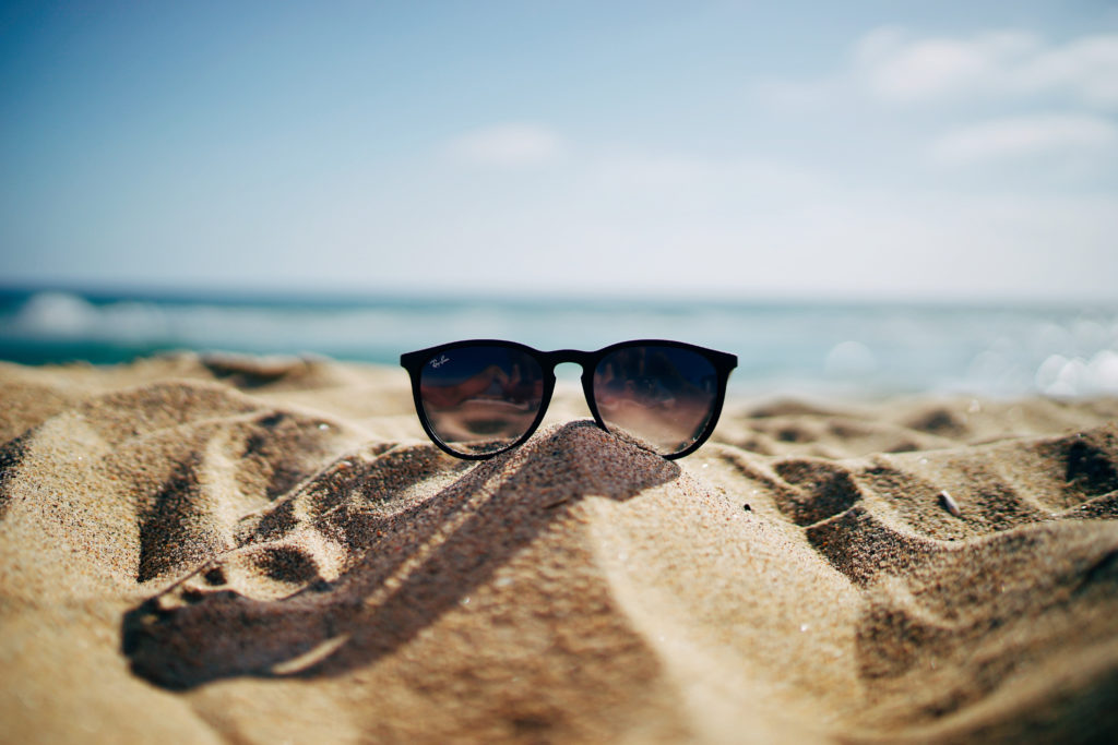 Sunglasses in the sand on the beach