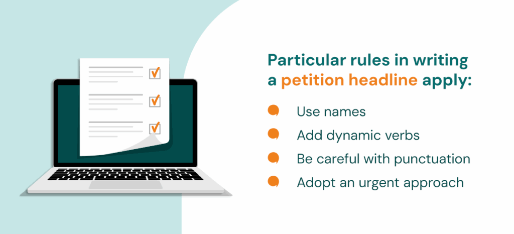 Graphic of a laptop with a checklist overlay and bullet points detailing rules for writing a petition headline
