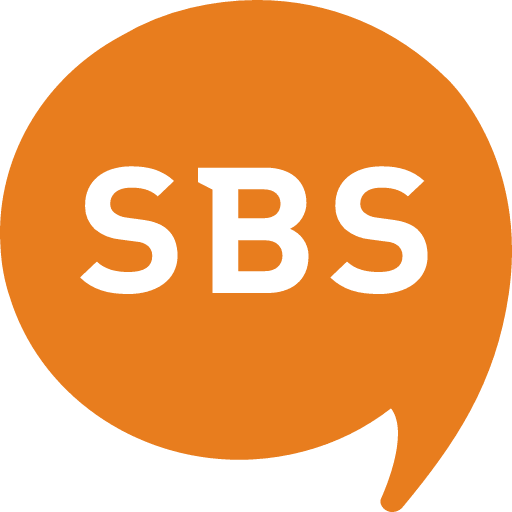an orange speech bubble with the word sbs on it