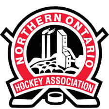 black red and white northern ontario hockey association logo with hockey sticks and puck