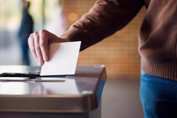 a person is putting a ballot into a ballot box