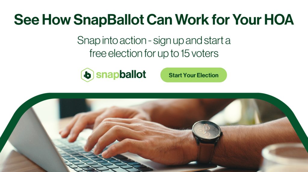 SnapBallot HOA voting platform interface showing free election signup for homeowners associations with hands on laptop