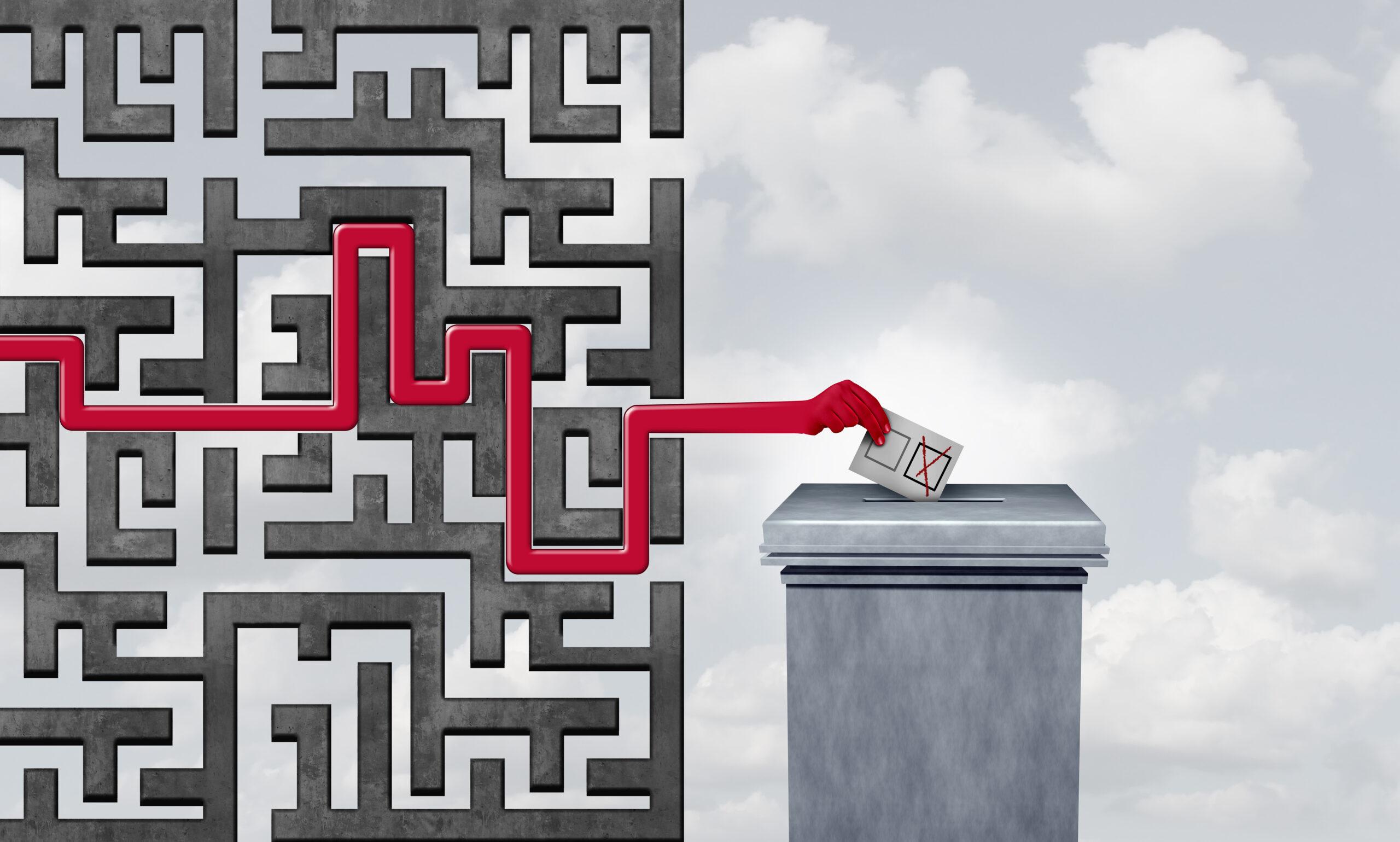 A maze on the left and a ballot box on the right. A red line zig-zags through the maze with a human hand at the end dropping a completed ballot in the ballot box. Represents election challenges.
