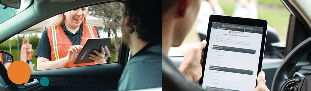 drive thru voting election shows 2 images. Image on the left is a femal worker in an orange vest with an ipad talking with a person in the drivers seat of a car and the second images is a driver in a car viewing a digital ballot that you can see on a device.
