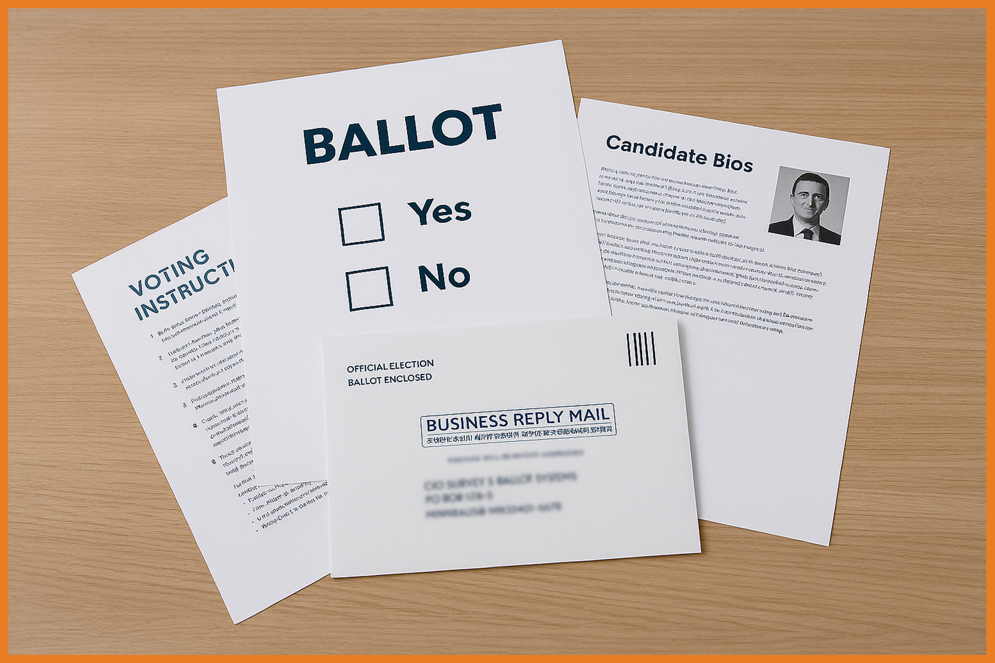 A mail-in ballot package on a wooden surface includes a ballot paper with Yes/No options, voting instructions, candidate bios with a photo, and a business reply mail envelope.