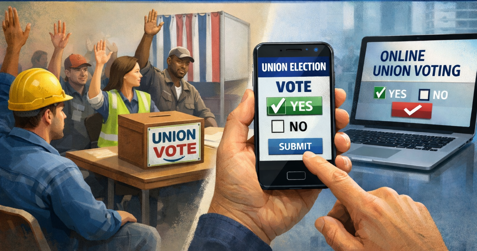 A group of workers vote at a table with a union vote box, while a hand uses a smartphone and a laptop to cast an online union election vote, choosing “Yes” or “No.”.