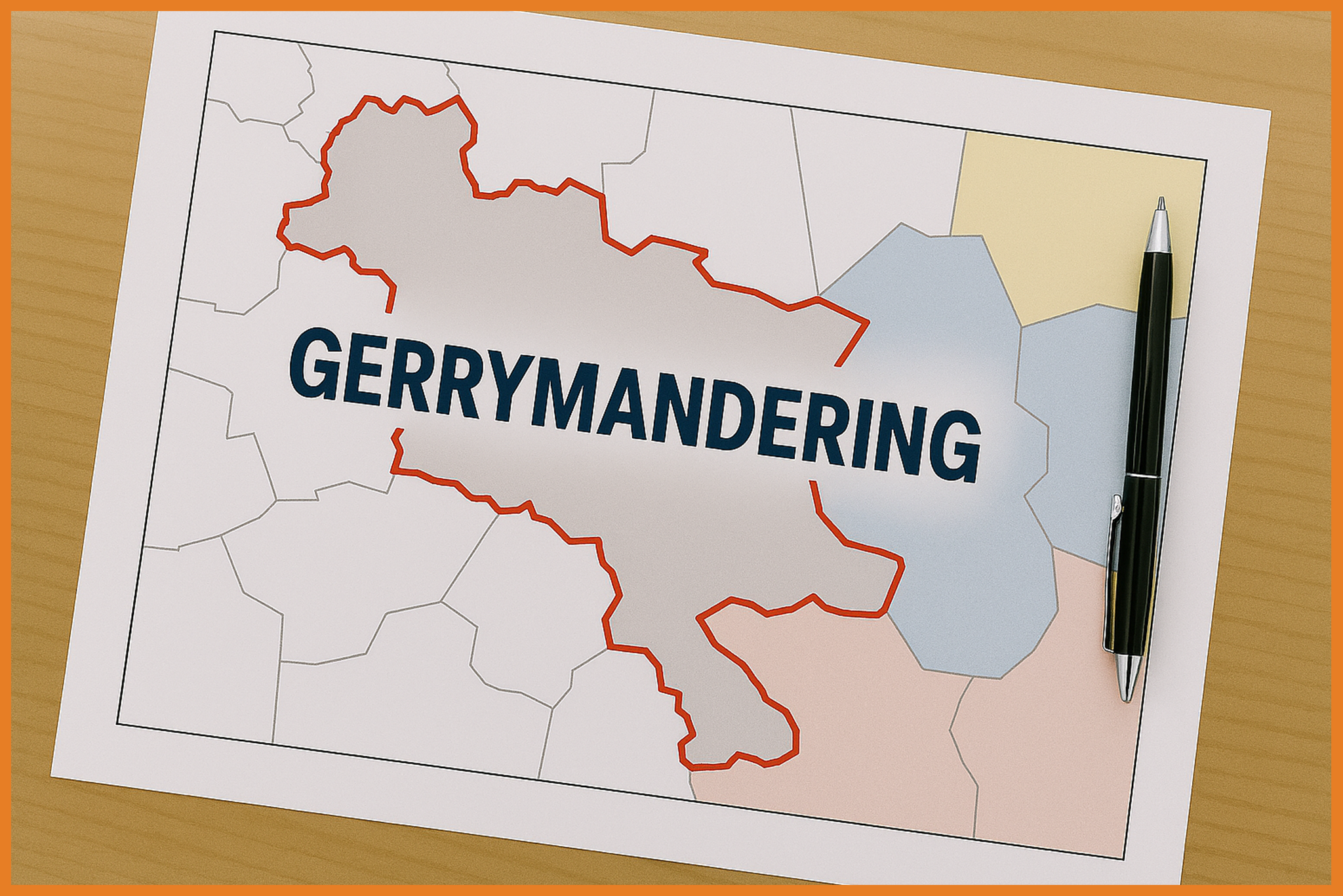 A map on a desk shows irregularly shaped electoral districts outlined in red, with the word GERRYMANDERING written across the center. A black pen lies on the map’s right side.