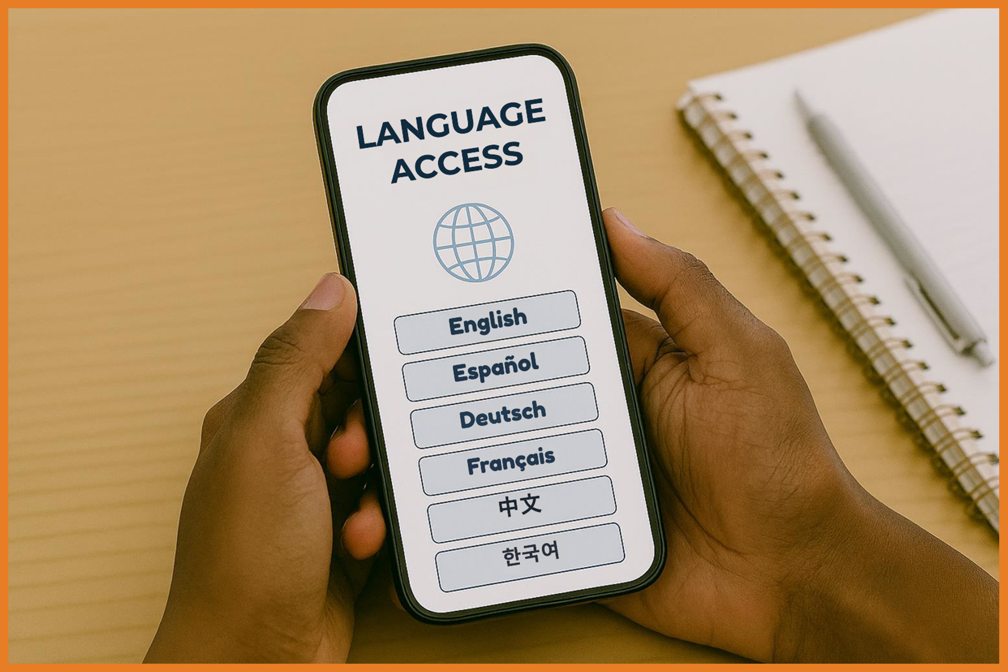 A person holding a smartphone displaying a Language Access screen with options for English, Español, Deutsch, Français, 中文, and 한국어. A notebook and pen are on the table in the background.