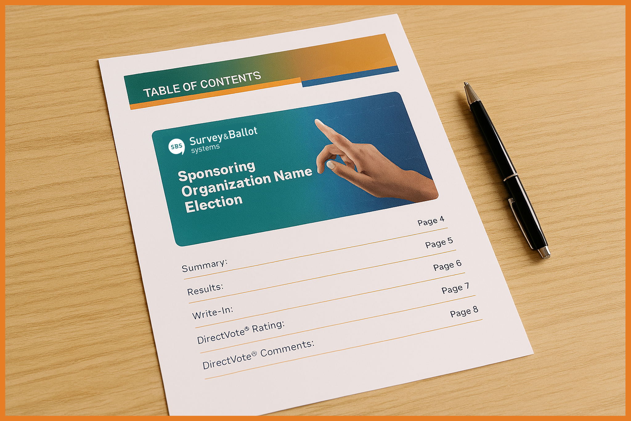 Printed election report table of contents on a desk next to a pen, showing sections like summary, results, write‑ins, and voting software ratings.