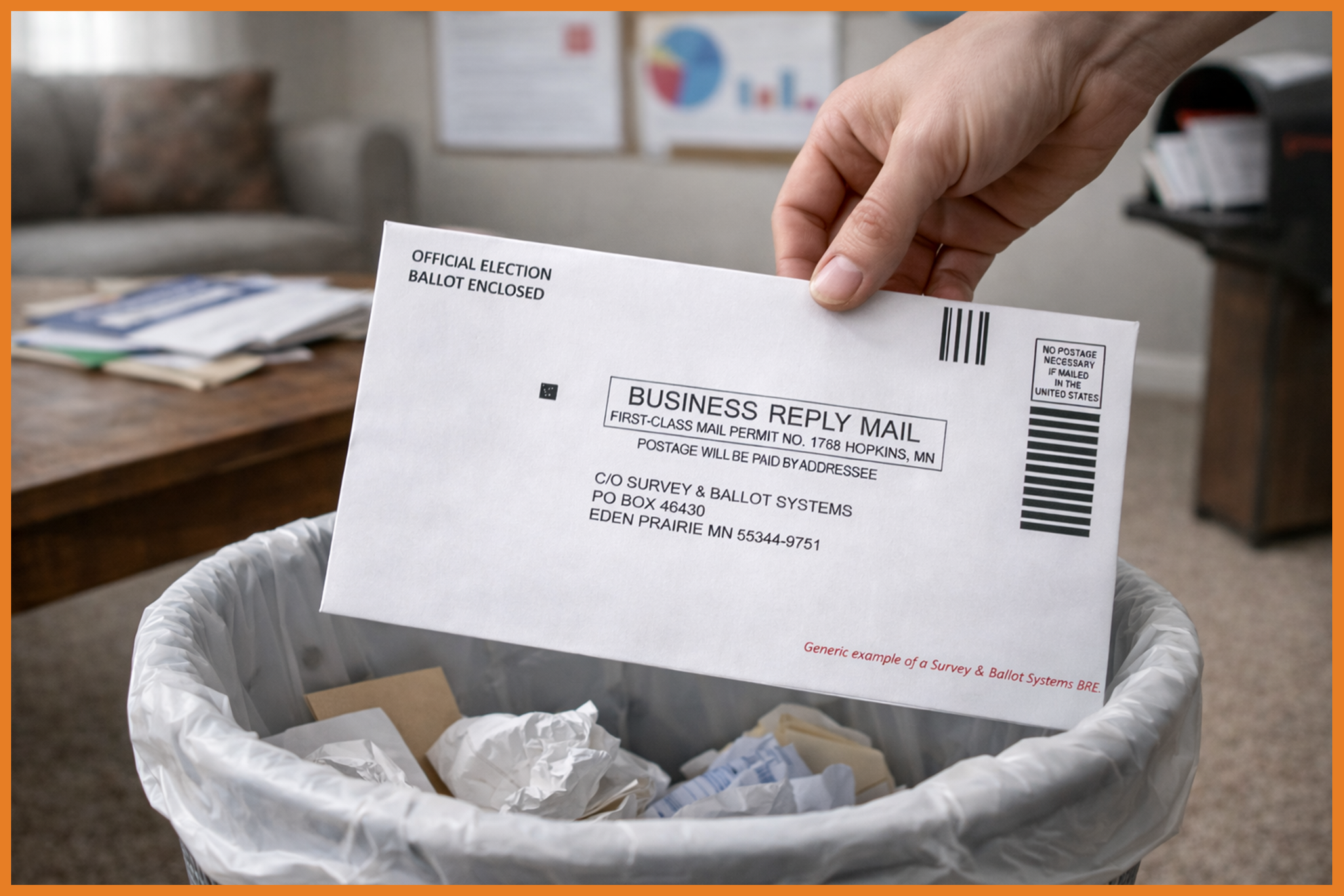A hand holds an official election ballot envelope above a trash can filled with paper and other waste in a living room setting, suggesting the ballot is about to be thrown away.