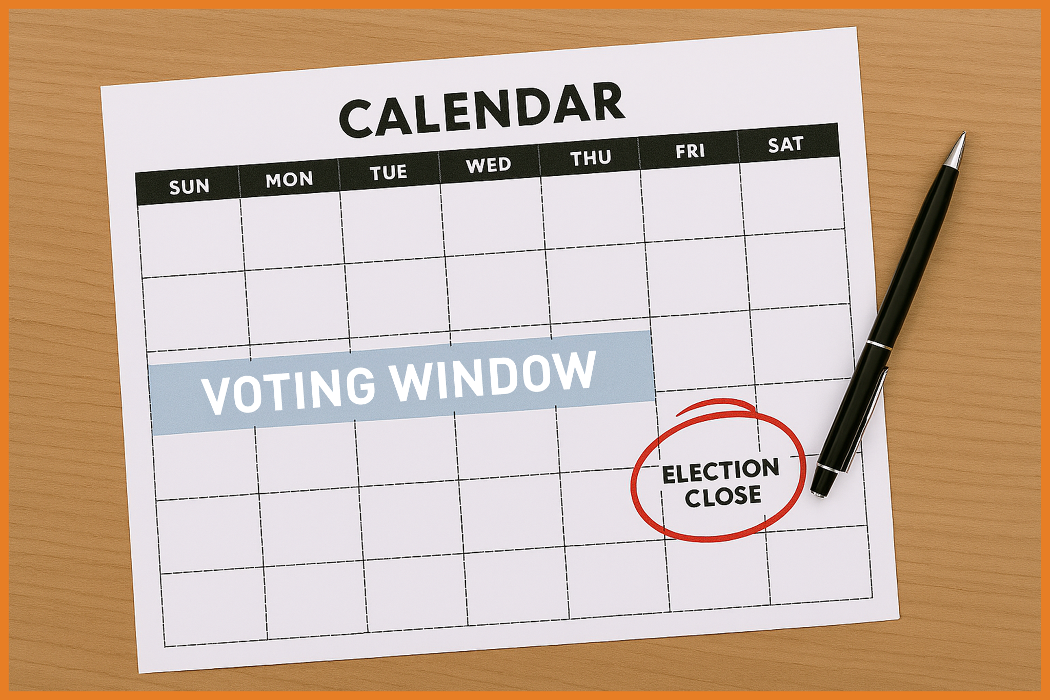 A calendar page with the words VOTING WINDOW highlighted across several days and ELECTION CLOSE circled in red on Friday. A black pen rests on the calendar, which is placed on a wooden surface.