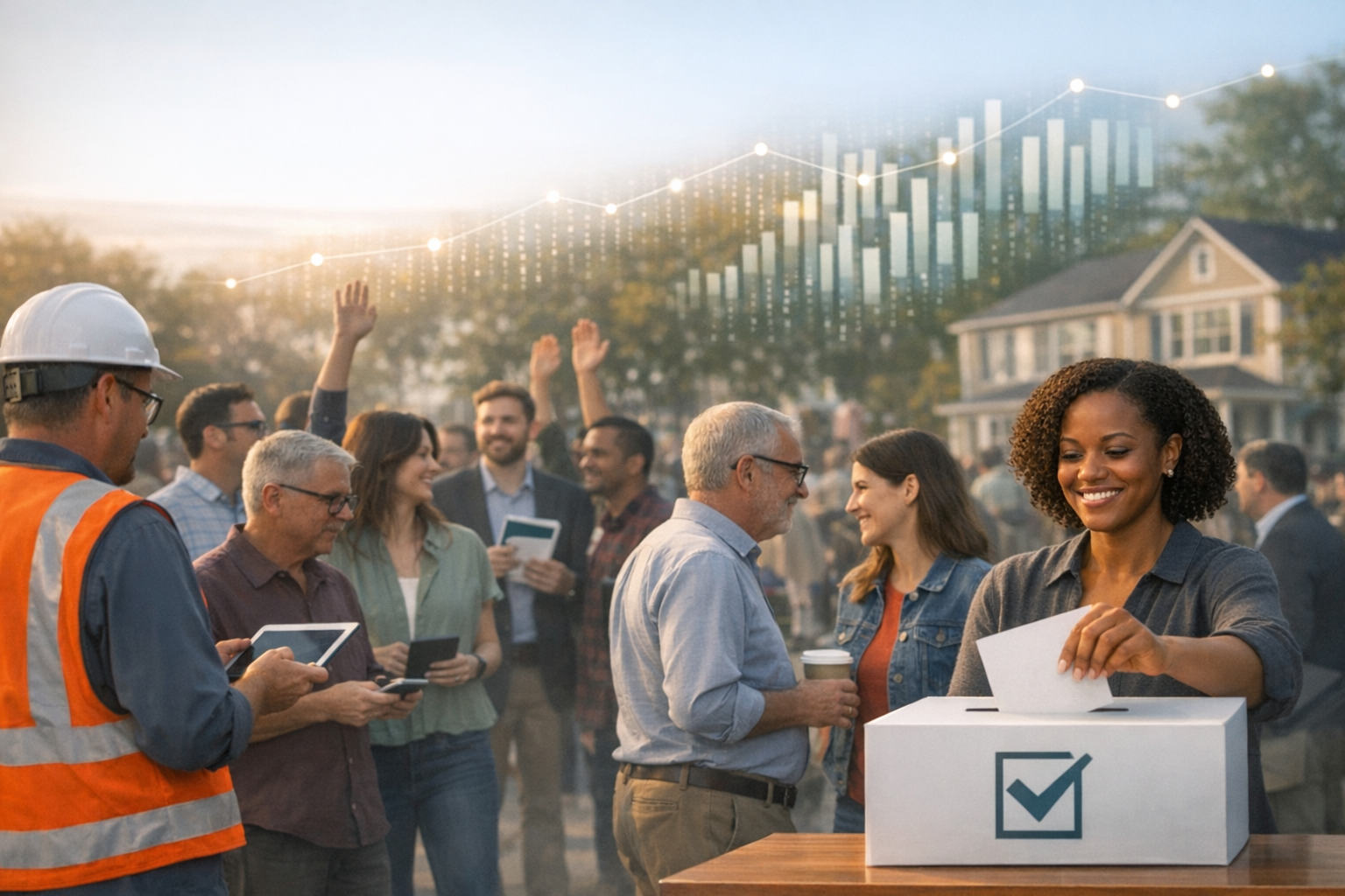 A diverse group of people participating in a voting process, with subtle data visual elements representing large‑scale voter feedback.