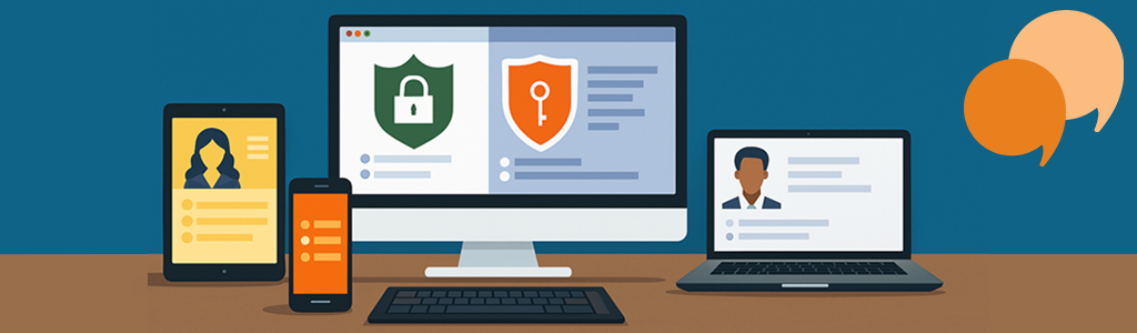 Illustration of a tablet, smartphone, desktop, and laptop displaying user profiles and cybersecurity icons, with speech bubbles in the background. The images represent online nomination portals.