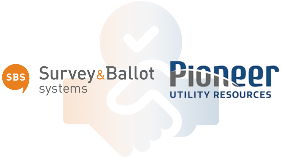 Logos of Survey & Ballot Systems and Pioneer Utility Resources are overlaid on a faint background of a handshake and checkmark, suggesting partnership.