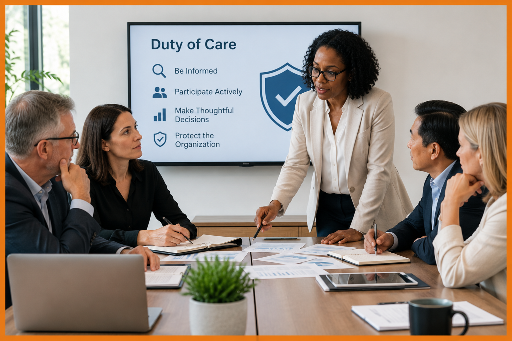 A businesswoman stands and presents the Duty of Care to four colleagues in a meeting room. Behind her, a screen displays “Duty of Care” with a checklist including Be Informed and Participate Actively. Papers and laptops are on the table.