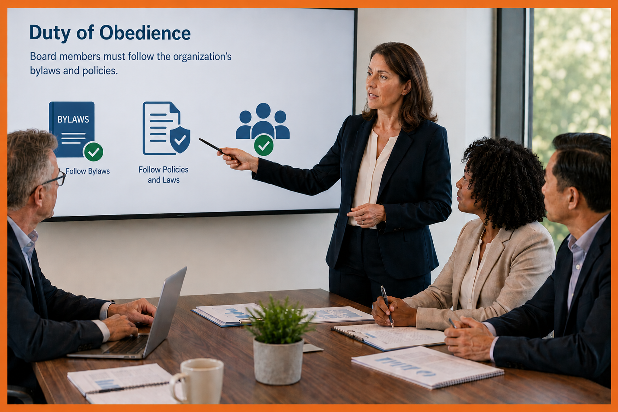 A woman in business attire presents to four colleagues in a conference room, with a screen behind her highlighting the Duty of Obedience and illustrating the importance of following bylaws, policies, and laws.