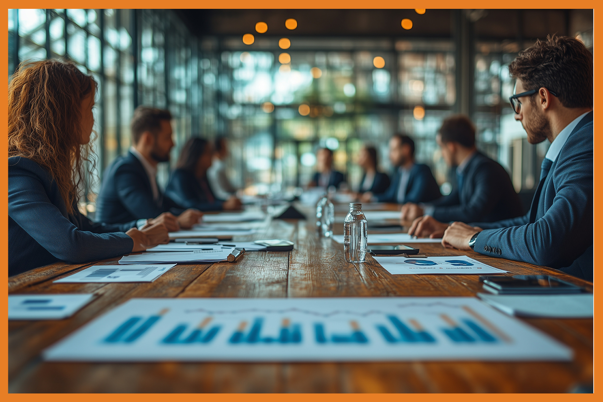 An Executive Committee of business professionals in suits sits around a table with charts and documents, engaged in a meeting in a modern, glass-walled office, with focus on papers displaying bar graphs in the foreground.