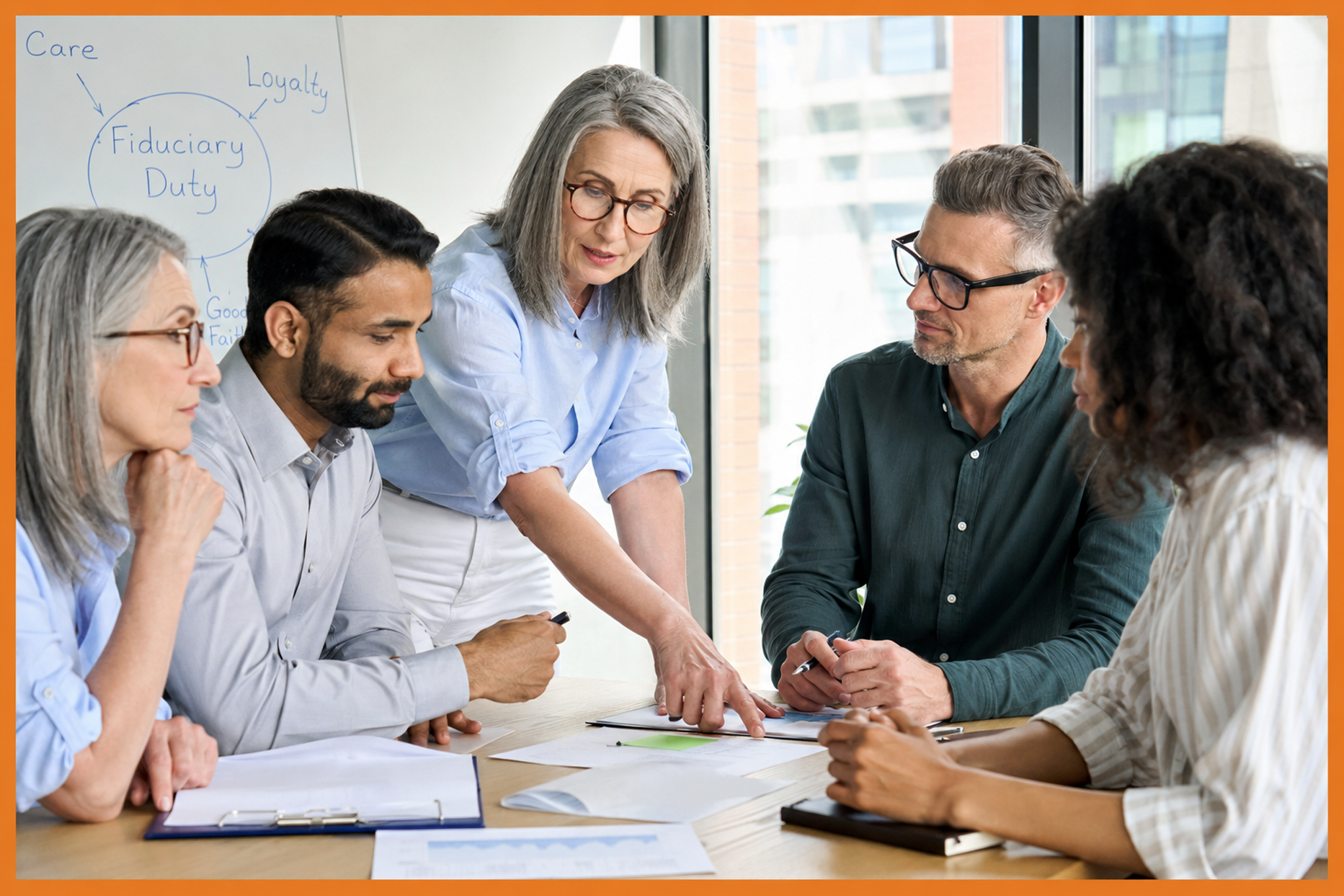 A group of five diverse professionals sits around a table discussing documents, while an older woman points at a paper. Behind them, a whiteboard highlights key concepts such as Fiduciary Duty, Care, Loyalty, and Good Faith.