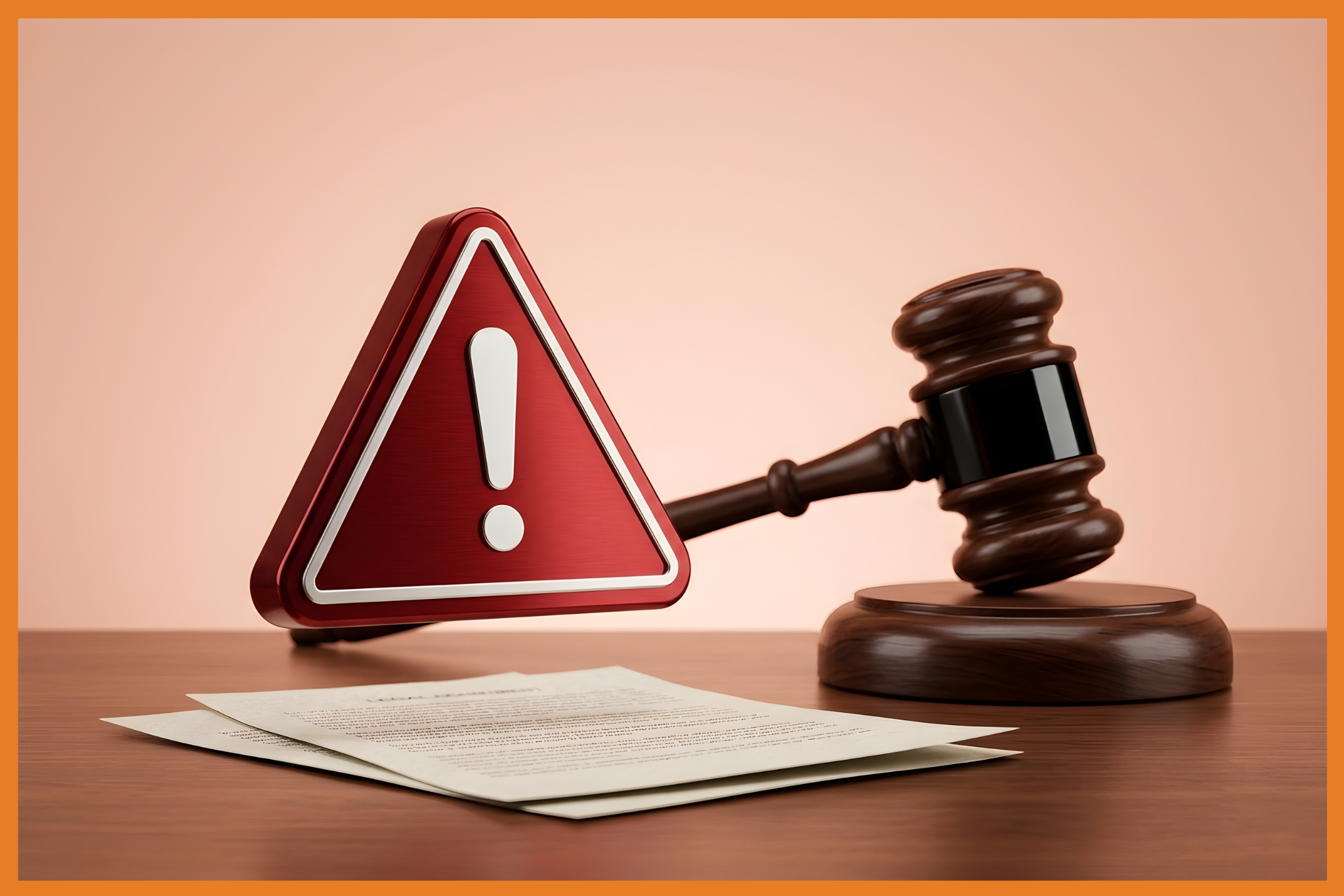 A judge’s gavel rests beside a red warning sign with an exclamation mark, placed near documents referencing Removal Without Cause on a wooden table, against a light background with an orange border.