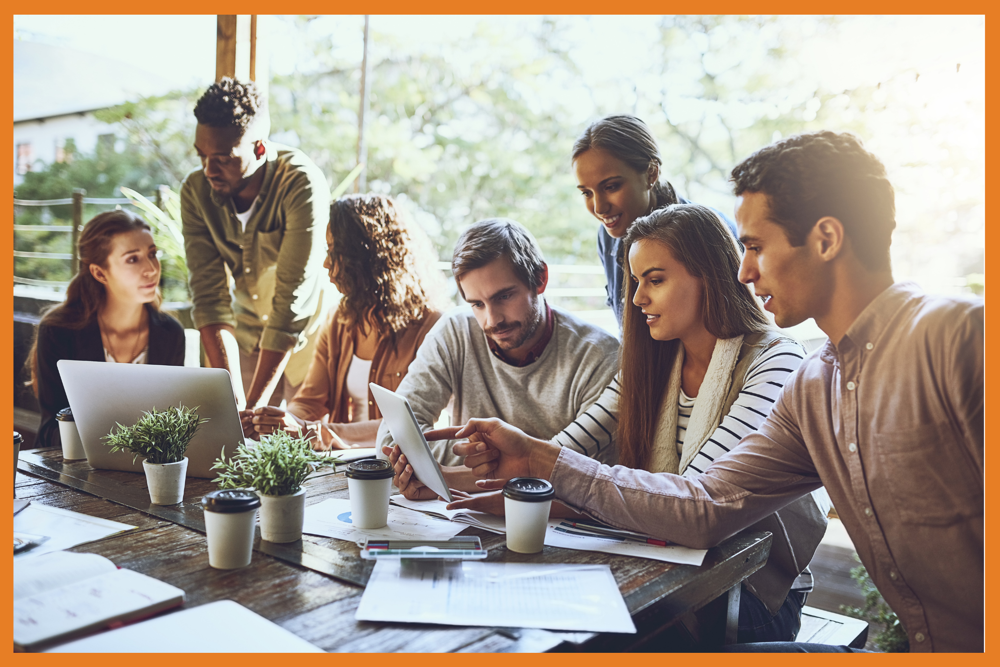 A group of six young adults gather for a special meeting, collaborating around a table with laptops, papers, and coffee cups in a bright, modern office filled with natural light from large windows.