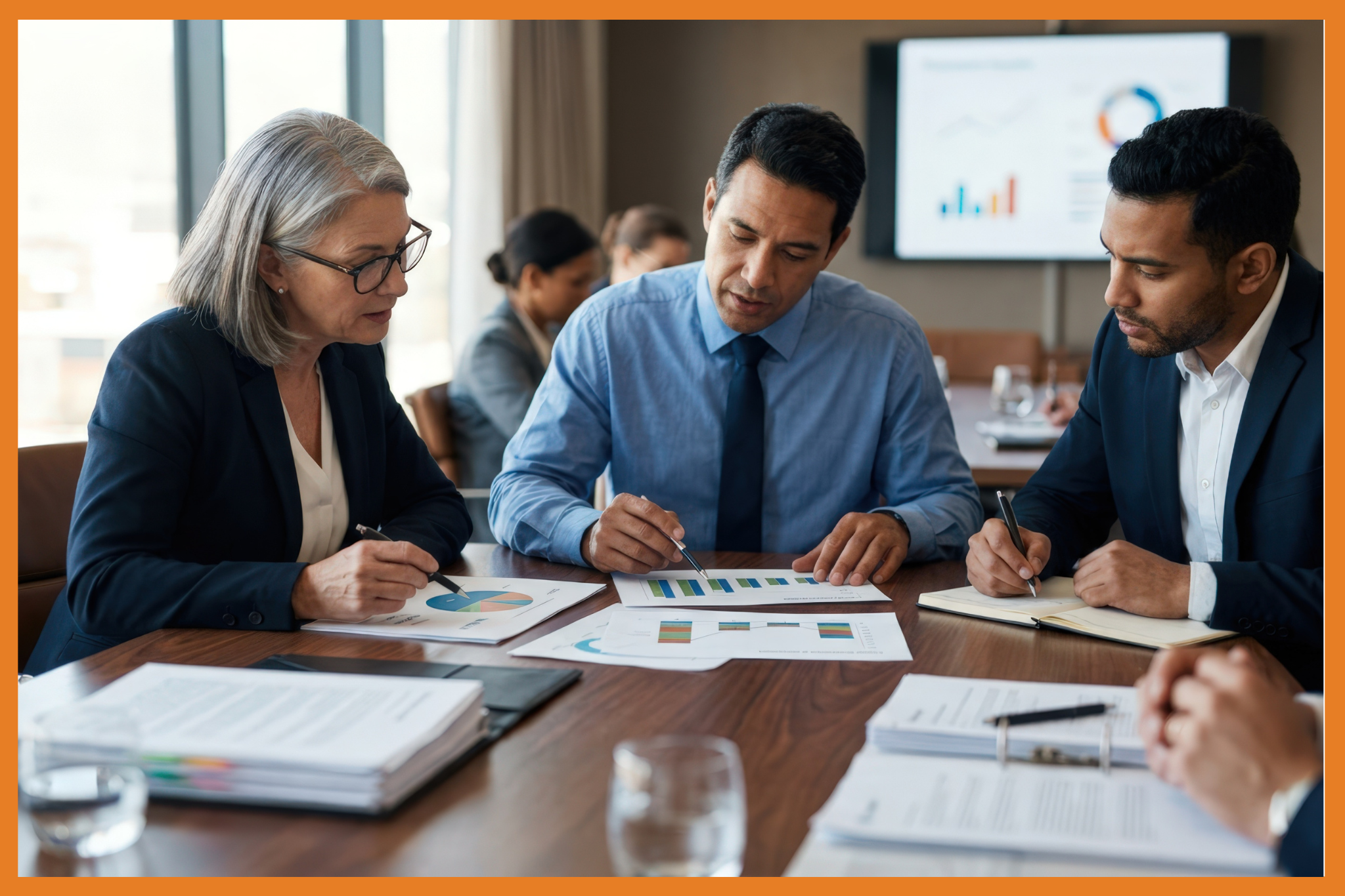 Three business professionals sit at a conference table, reviewing charts and graphs for the Standing Committee, taking notes and discussing data. A screen displays colorful graphs as others work in the background.