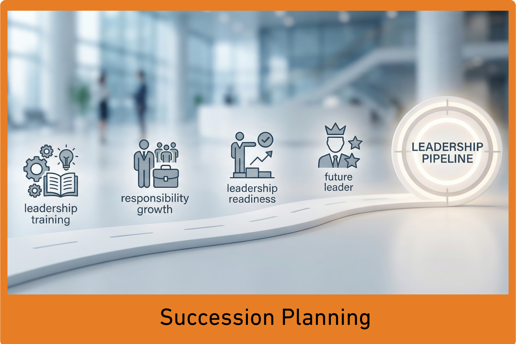 Illustration of a succession planning process showing four steps: leadership training, responsibility growth, leadership readiness, and future leader—all building a strong Leadership Pipeline. Text below reads Succession Planning.