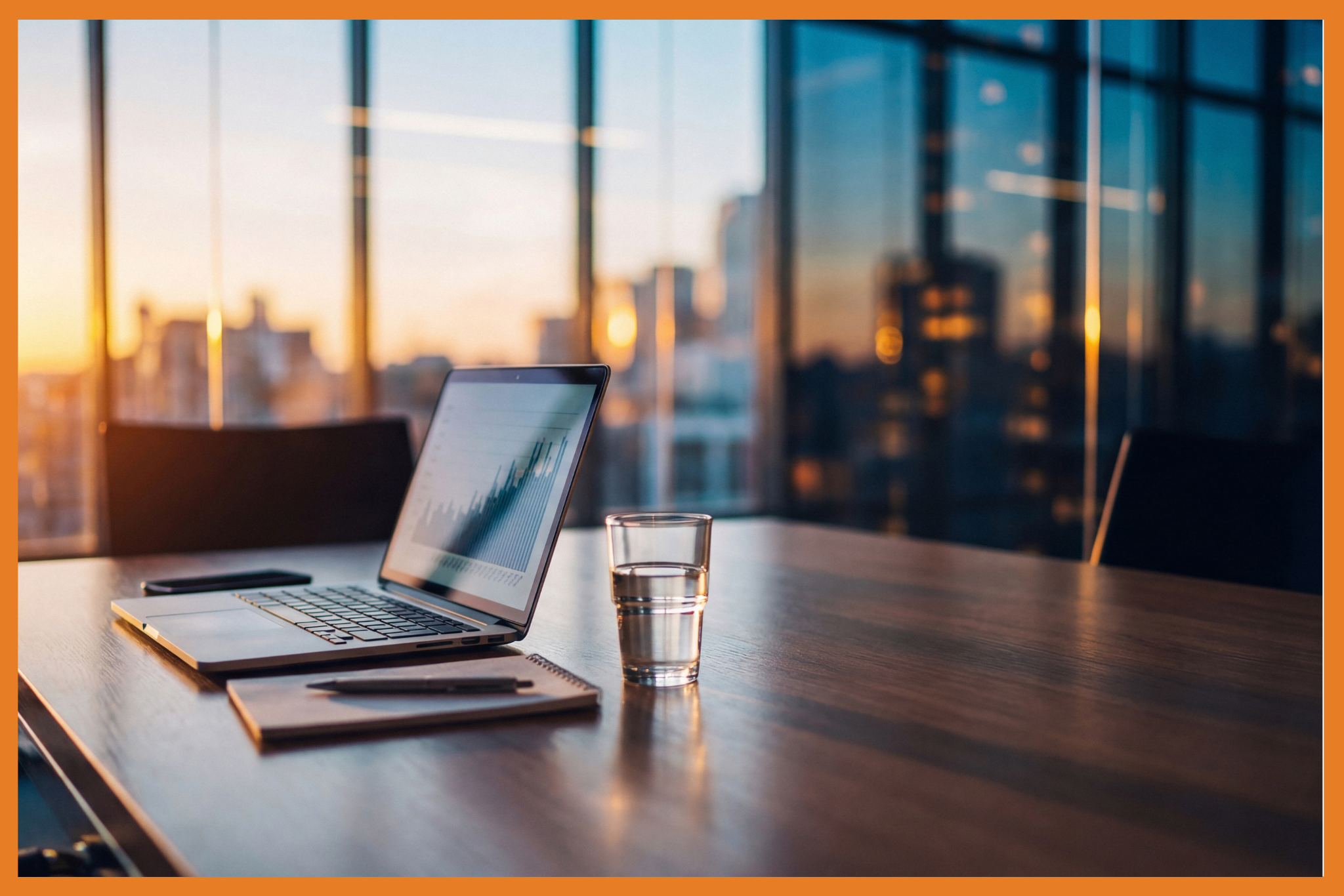 A laptop, notebook with pen, and a glass of water sit on a conference table in a modern office with floor-to-ceiling windows, hinting at a vacancy as the cityscape glows at sunset.