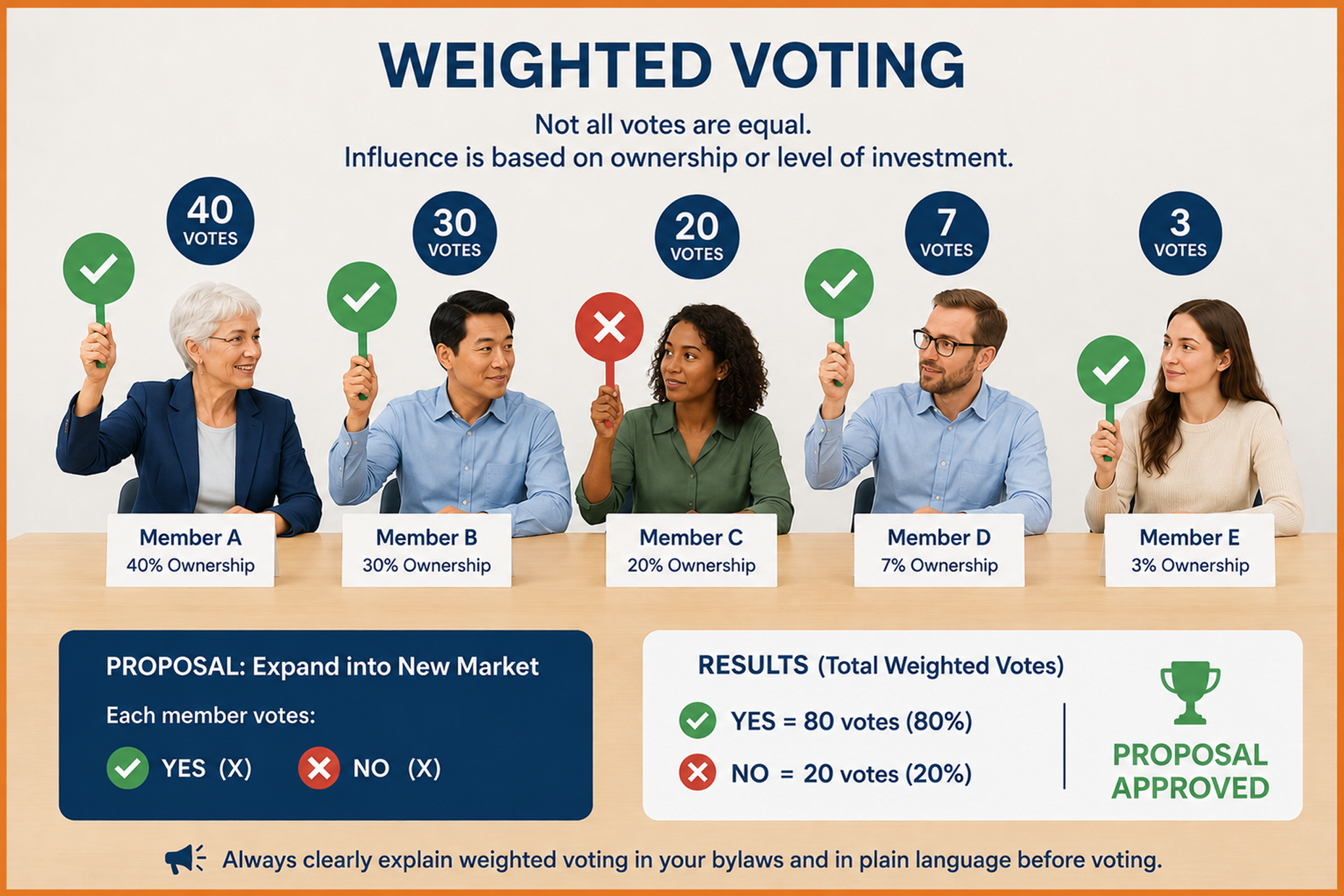 Five businesspeople sit at a table, each holding a paddle displaying Weighted Voting based on ownership percentages. A proposal to expand into a new market passes with 80% YES and 20% NO votes shown.
