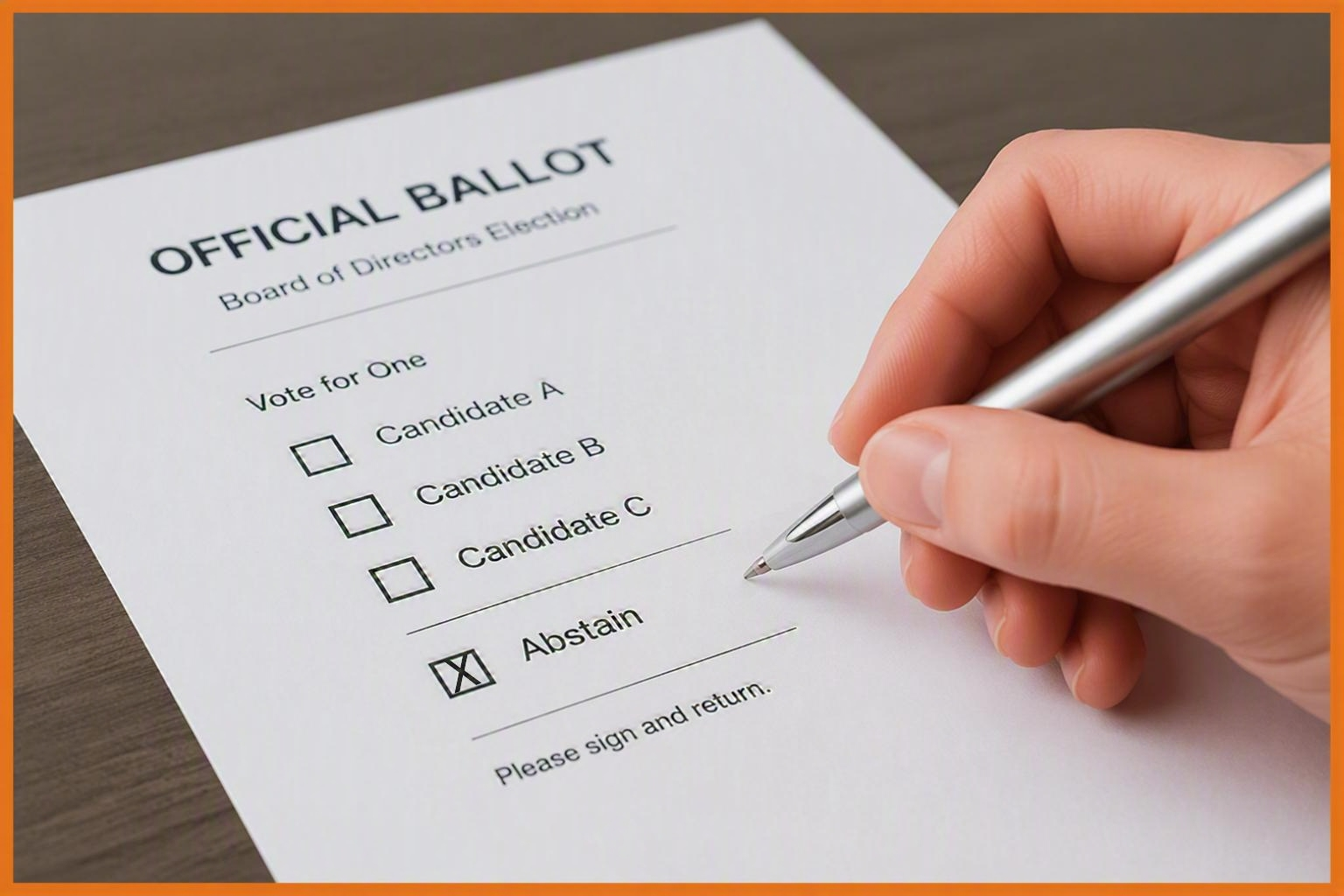 A hand holding a pen hovers over an official ballot for a Board of Directors election. The abstain option is checked, clearly indicating an abstention from voting. The ballot instructs to vote for one candidate and to sign and return the form.