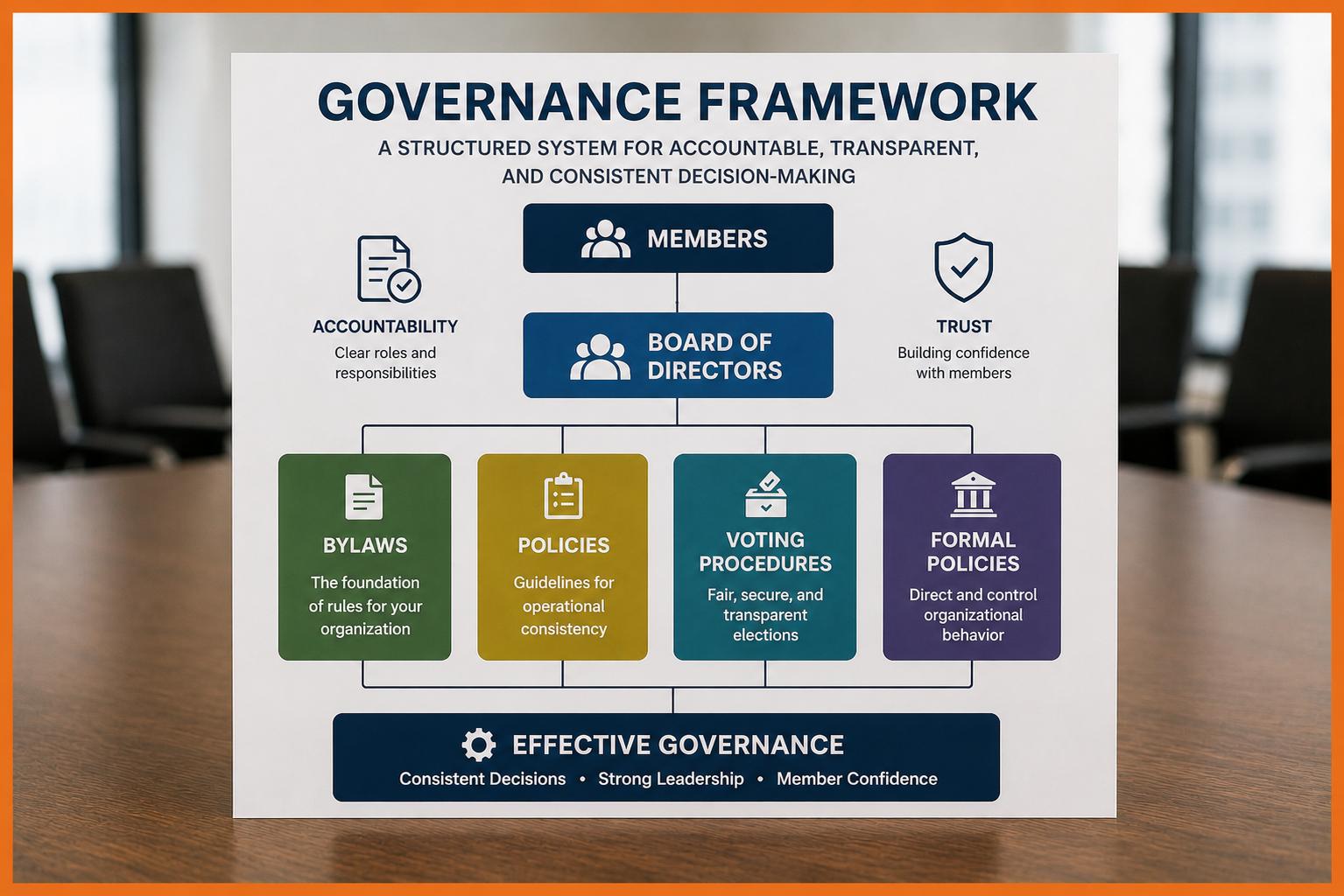 Governance Framework chart illustrating roles such as members, board of directors, accountability, trust, bylaws, policies, voting procedures, formal policies, and effective governance principles is displayed on a table with a blurred office background.
