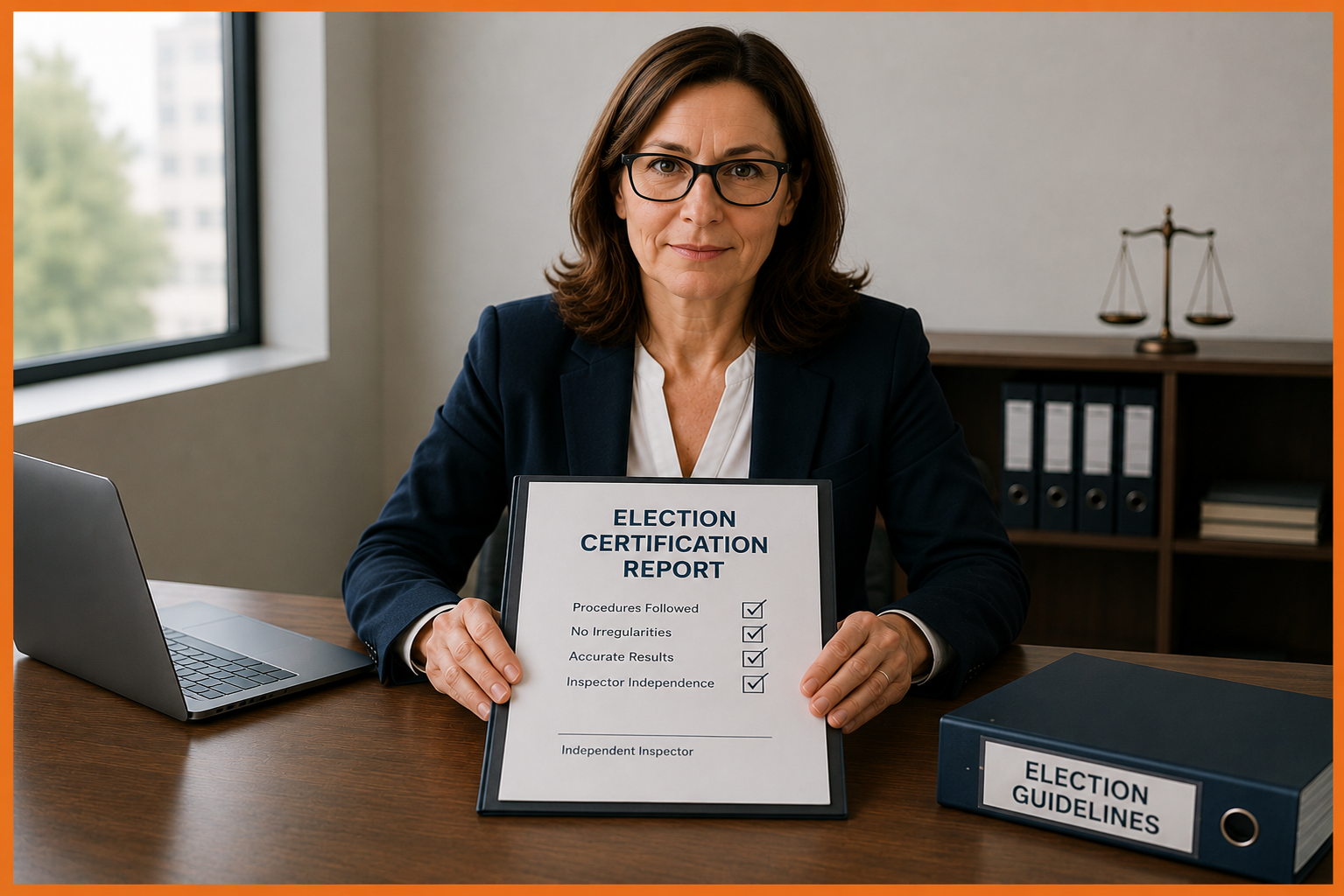 A woman in a suit sits at a desk holding an Election Certification Report with check marks, exemplifying Inspector Independence. A laptop, Election Guidelines binder, and scales of justice are also on the desk.