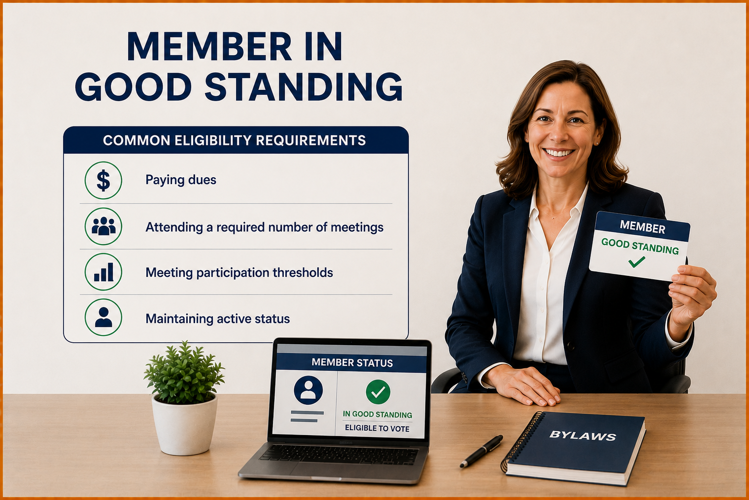 A smiling woman in a blazer sits at a desk, proudly holding a Member in Good Standing card. A laptop beside her displays the same designation. Behind her, a sign lists eligibility requirements for becoming a Member in Good Standing, with icons for dues, meetings, participation, and active status.