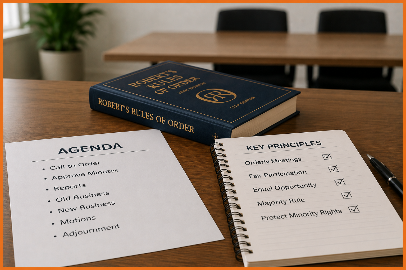 A meeting table with Robert’s Rules of Order book, an agenda sheet, and a notebook listing key principles with check marks: Orderly Meetings, Fair Participation, Equal Opportunity, Majority Rule, and Protect Minority Rights—all guided by the established Parliamentary Authority.