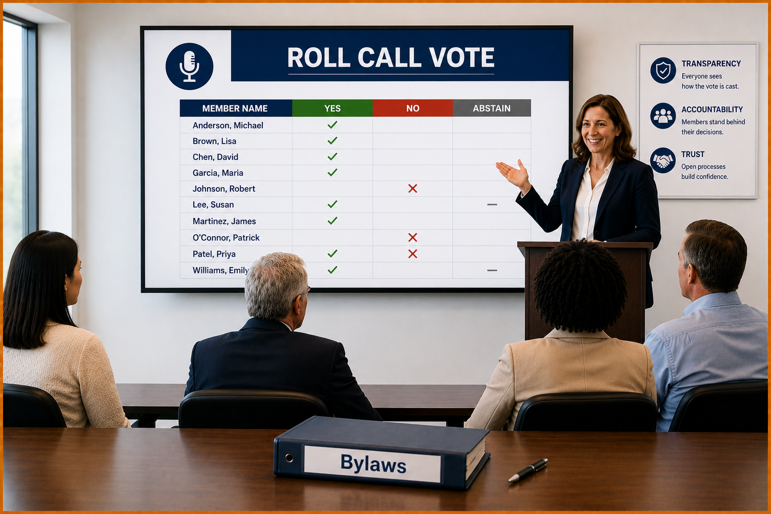 A woman presents Roll Call Vote results on a screen to four seated people in a meeting room. A binder labeled Bylaws sits on the table in front of the audience.