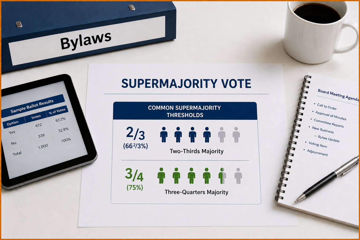 Desk with Supermajority Vote bylaws binder, coffee, notepad, tablet showing sample ballot results, and a paper explaining supermajority vote thresholds: two-thirds (66%-33%) and three-quarters (75%) majorities.