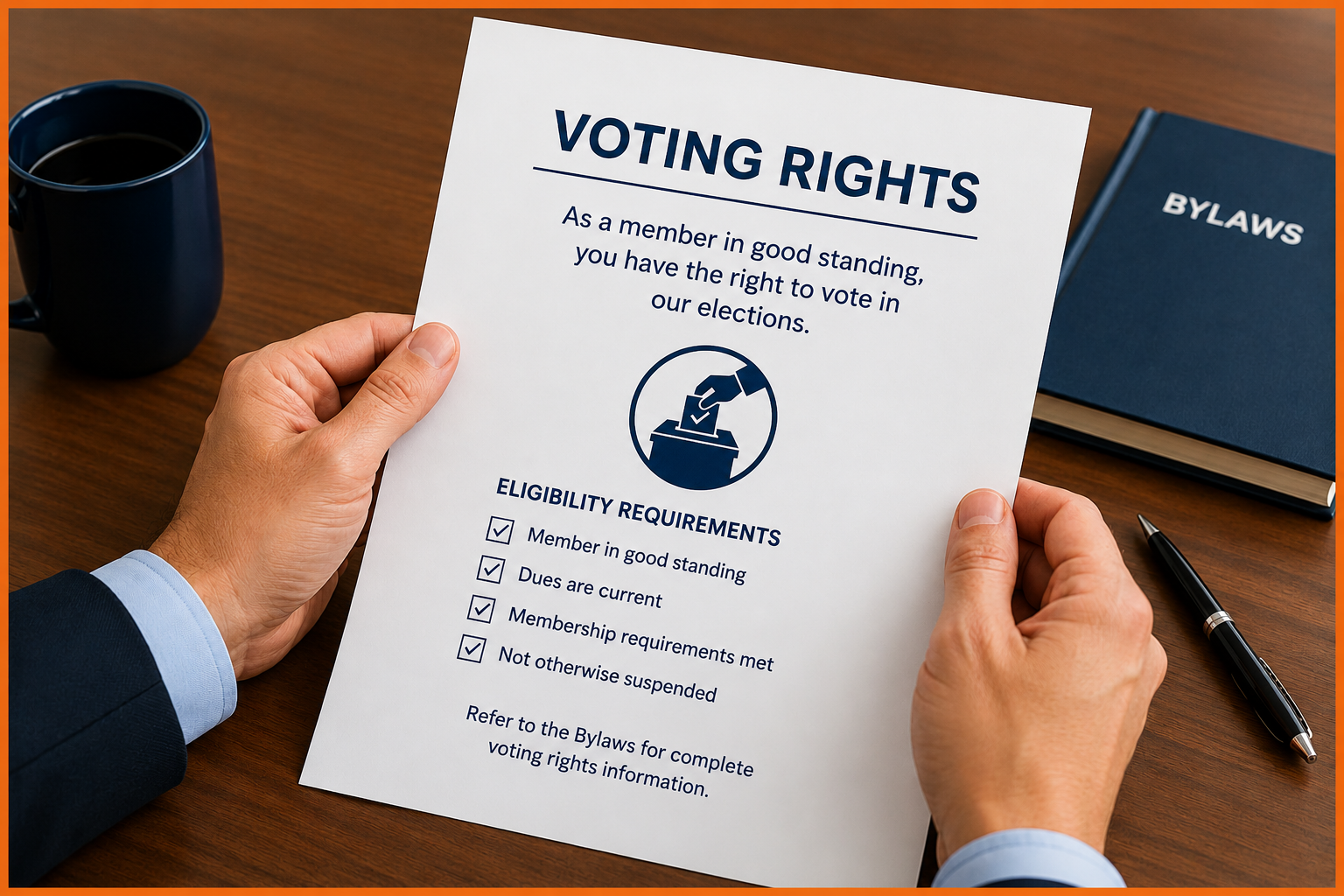 Person holding a document titled Voting Rights listing eligibility requirements, with a notebook labeled Bylaws, a pen, and a cup on a wooden desk in the background, highlighting the importance of understanding Voting Rights within organizational procedures.