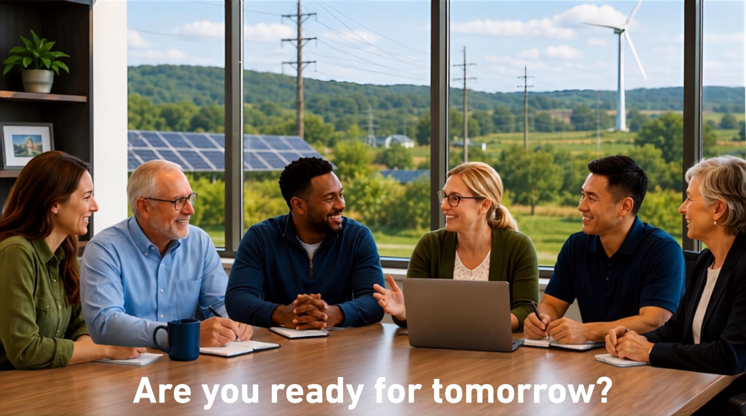 Six people sit around a conference table, smiling and talking in a bright room with large windows overlooking wind turbines and solar panels. Text reads: Are you ready for tomorrow? Succession planning for cooperatives starts with thoughtful conversations today.
