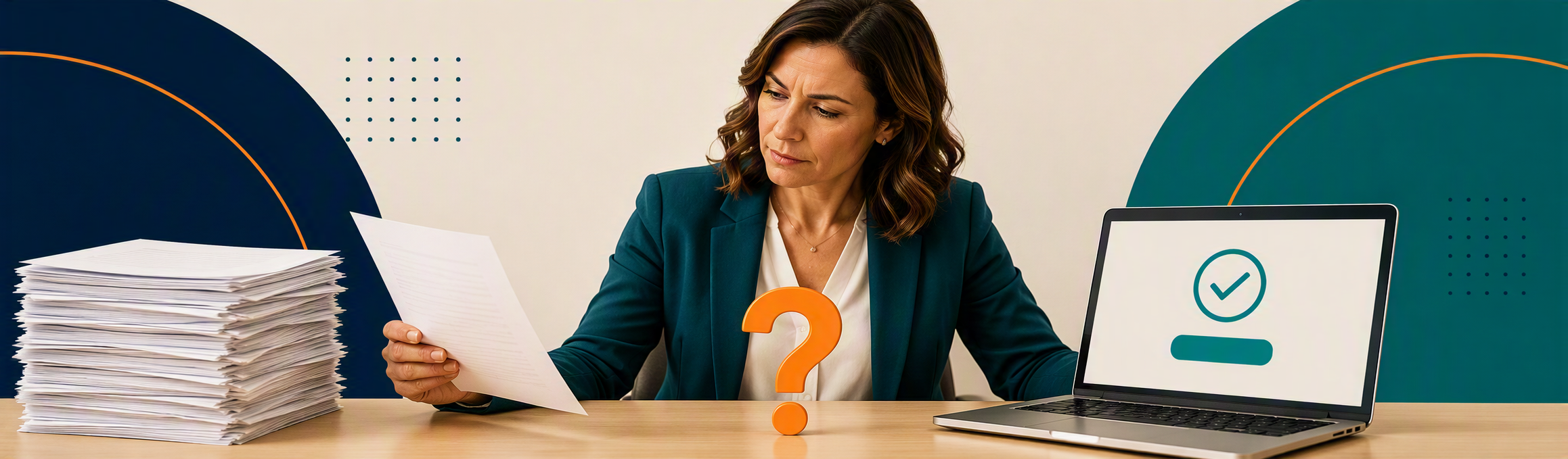 A woman in a suit looks at a paper with a questioning expression, perhaps reviewing paper ballots for cooperative elections. A stack of documents and a laptop showing a checkmark are on the desk, while an orange question mark stands in front of her.