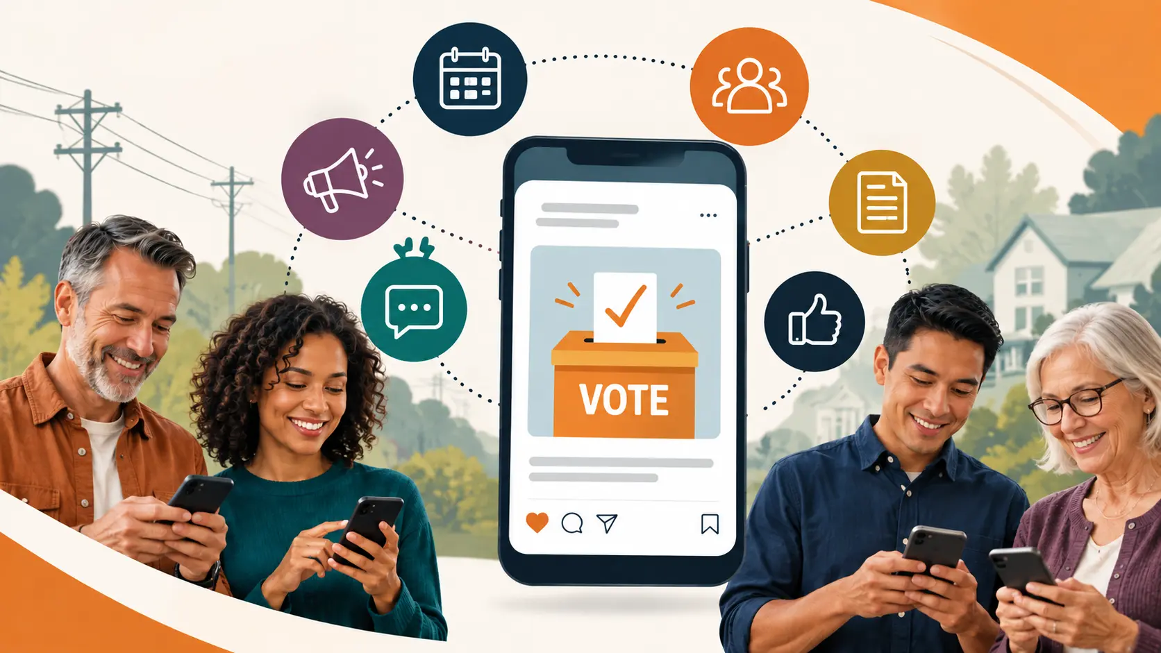 Four people smile while using smartphones. Behind them, a large phone displays a voting ballot, with icons hinting at social media for elections and civic engagement through calendars, groups, megaphones, and more.