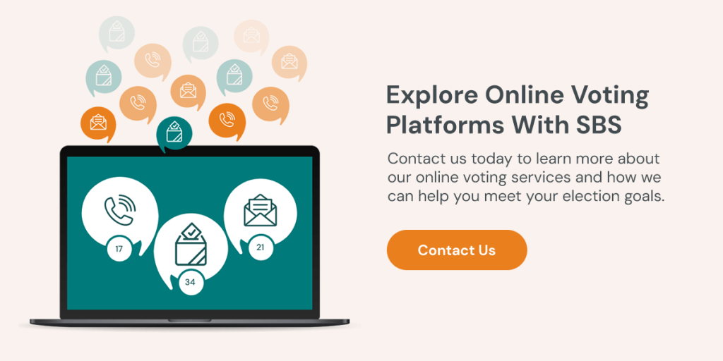 Laptop screen displaying communication icons with message bubbles and numbers, next to text promoting SBS online voting platforms and a “Contact Us” button.