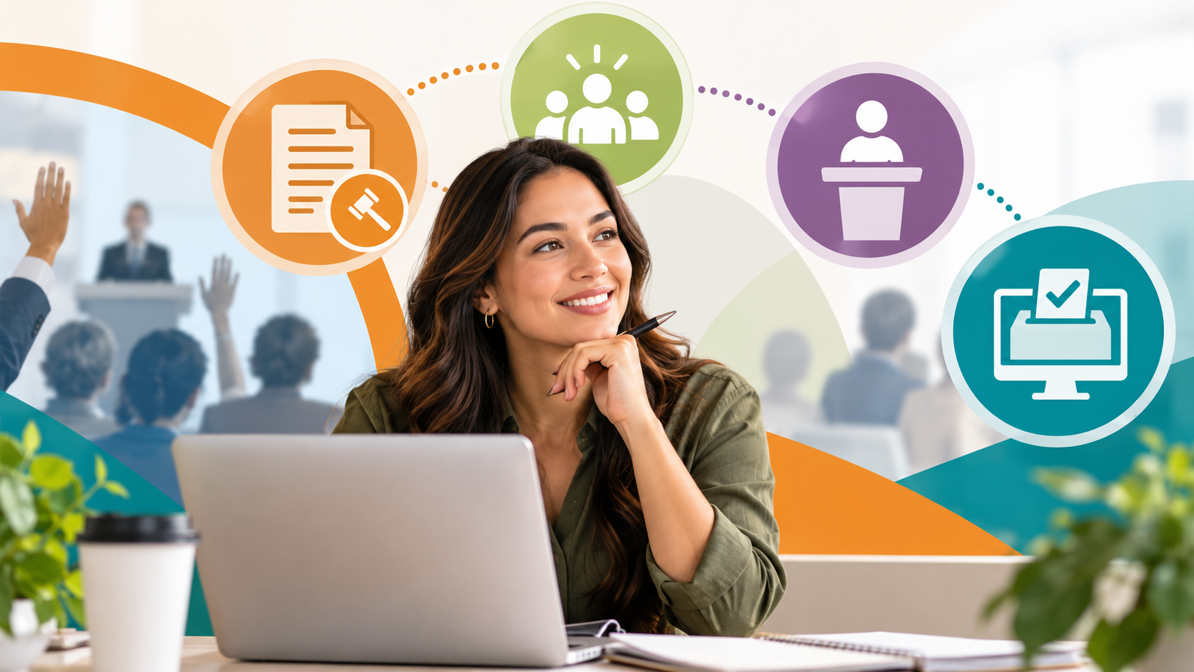 A woman smiles at her laptop in front of a graphic of icons for legal documents, group discussion, public speaking, and online voting while working for a membership association.